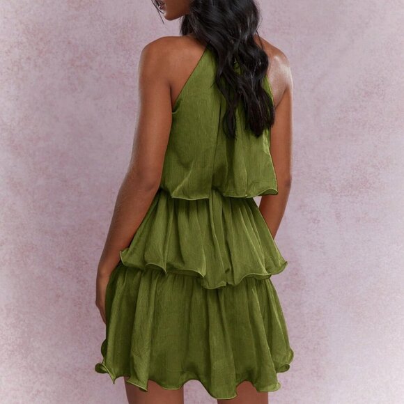 Green Boho Women's Elegant Tiered Ruffle Sleeveless Halter Neck Mini Dress - Picture 2 of 4